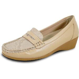 Women Champagne Faux Leather Round Toe Removable Insole Wedge Slip-On Loafer